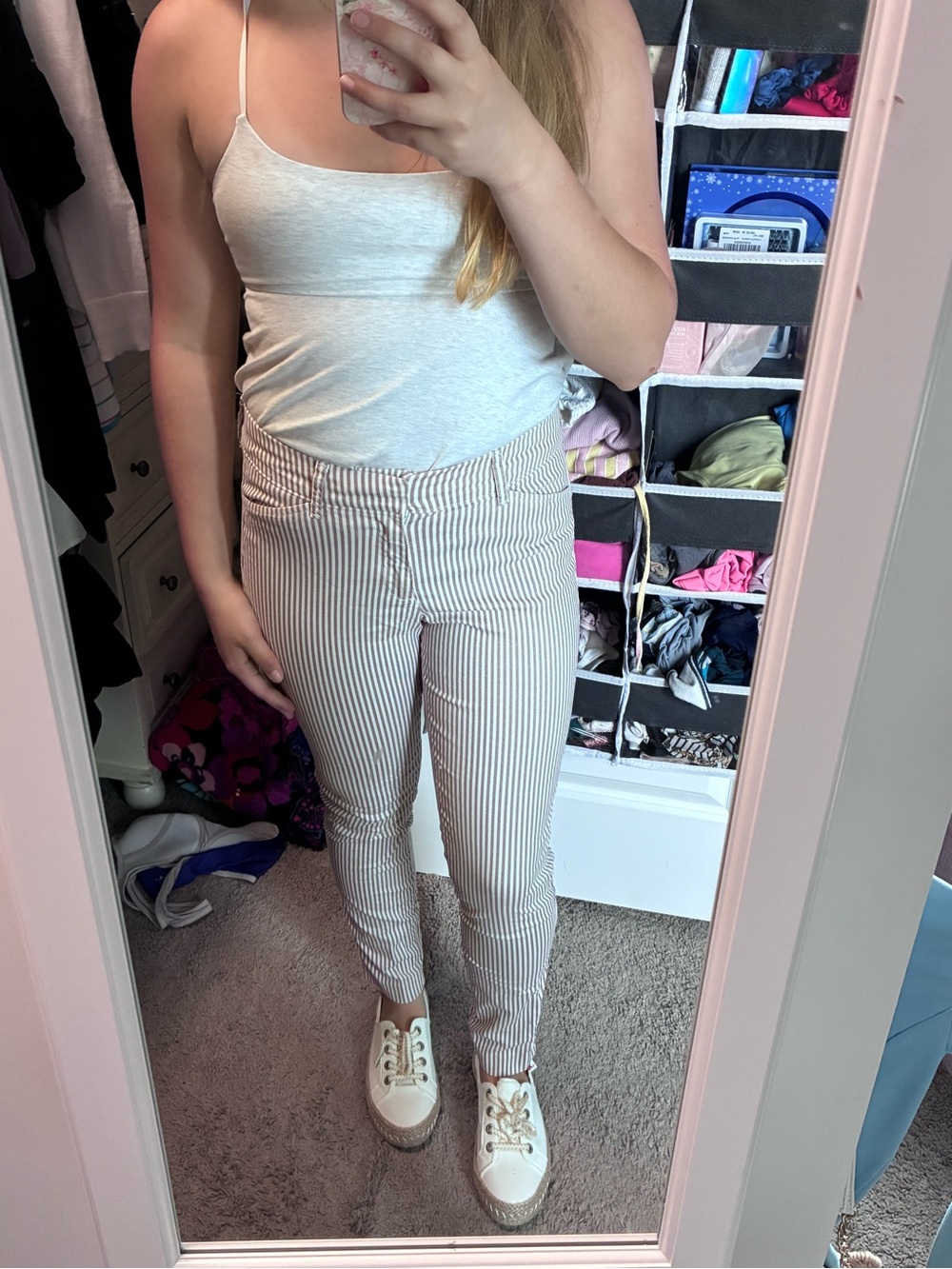Old Navy Vertical-Striped Slim Ankle Pants - Cream & Brown